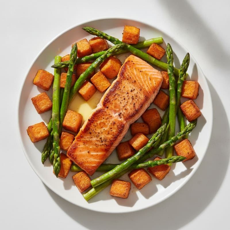 Seared Salmon with Roasted Sweet Potato and Asparagus
