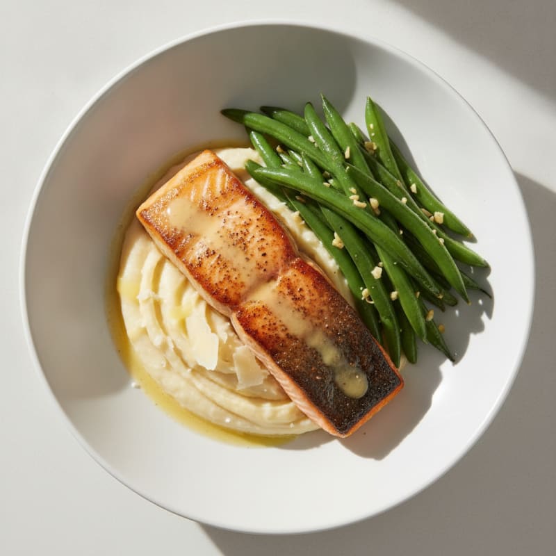 Seared Salmon Fillet with Creamy Potato Mash and Sautéed Green Beans