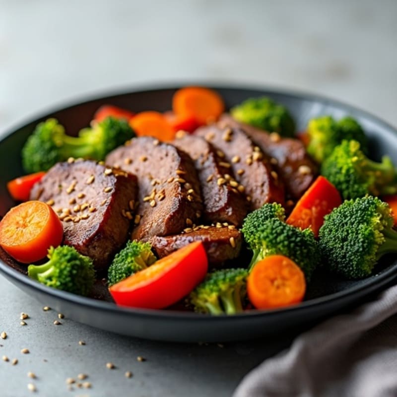 Tender Sesame Garlic Beef with Roasted Vegetables