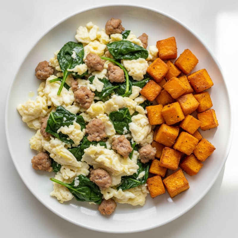 Egg White and Turkey Sausage Scramble with Spinach and Roasted Sweet Potato