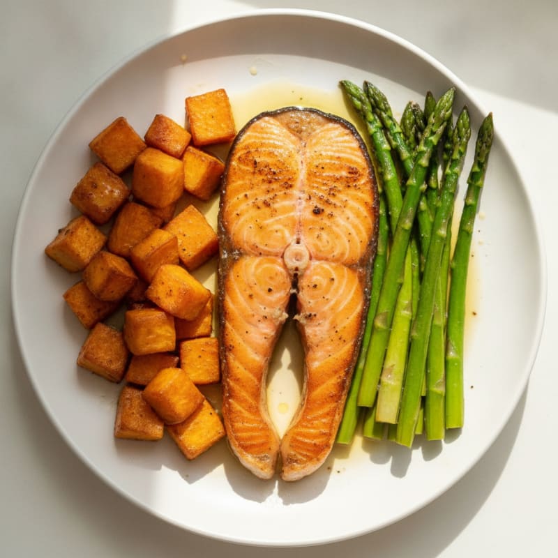 Seared Salmon Fillet with Roasted Sweet Potato and Asparagus