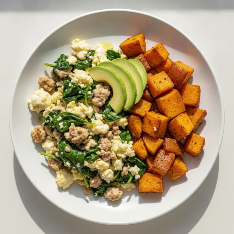 Egg White and Turkey Spinach Scramble with Roasted Sweet Potatoes