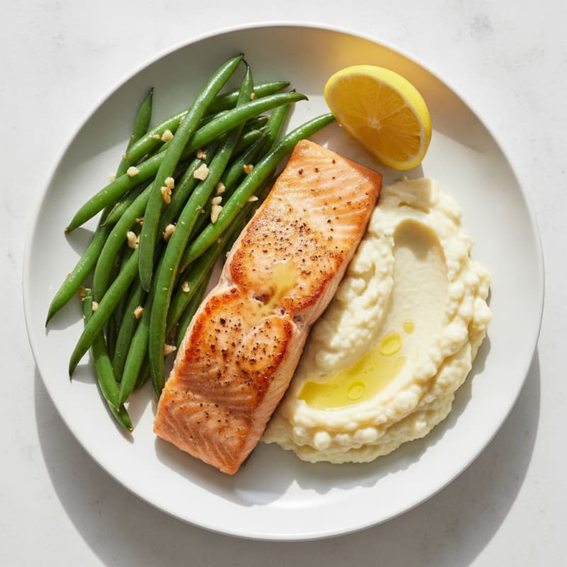 Seared Salmon with Garlic Green Beans and Mashed Cauliflower