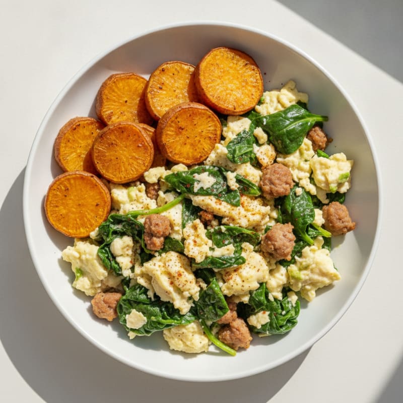 Egg White Spinach Scramble with Turkey Sausage and Roasted Sweet Potato