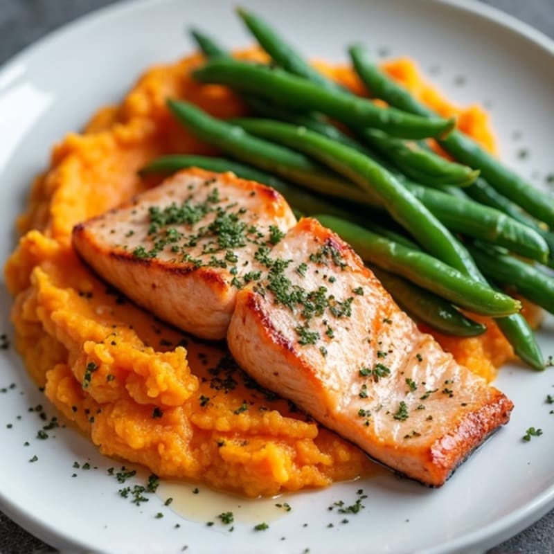 Seared Salmon with Steamed Green Beans and Sweet Potato Mash
