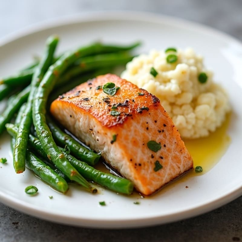 Seared Salmon with Steamed Green Beans and Garlic Cauliflower Mash
