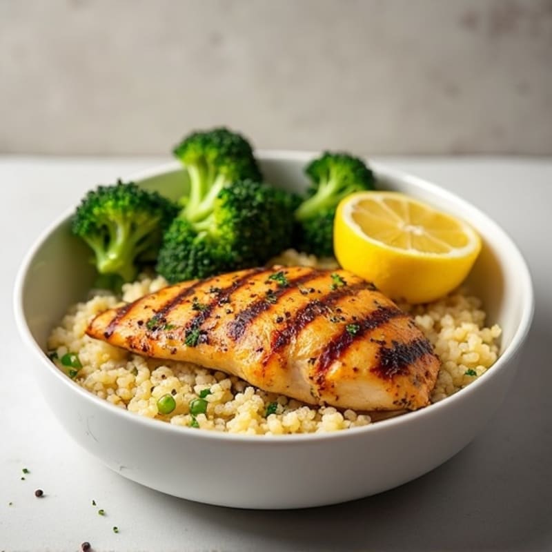 Grilled Lemon-Garlic Chicken Breast with Quinoa and Steamed Broccoli