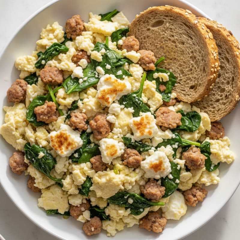 Egg White and Turkey Sausage Scramble with Spinach and Feta