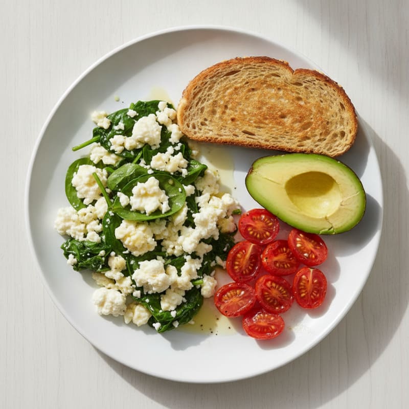 Egg White and Spinach Scramble with Cottage Cheese and Cherry Tomatoes