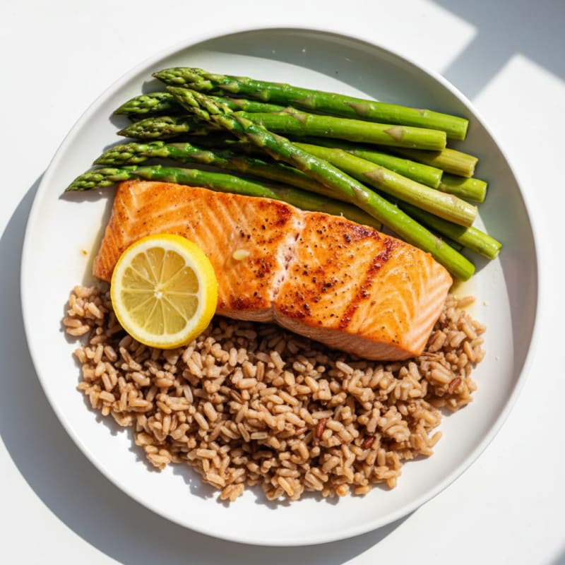 Seared Salmon with Steamed Asparagus and Brown Rice