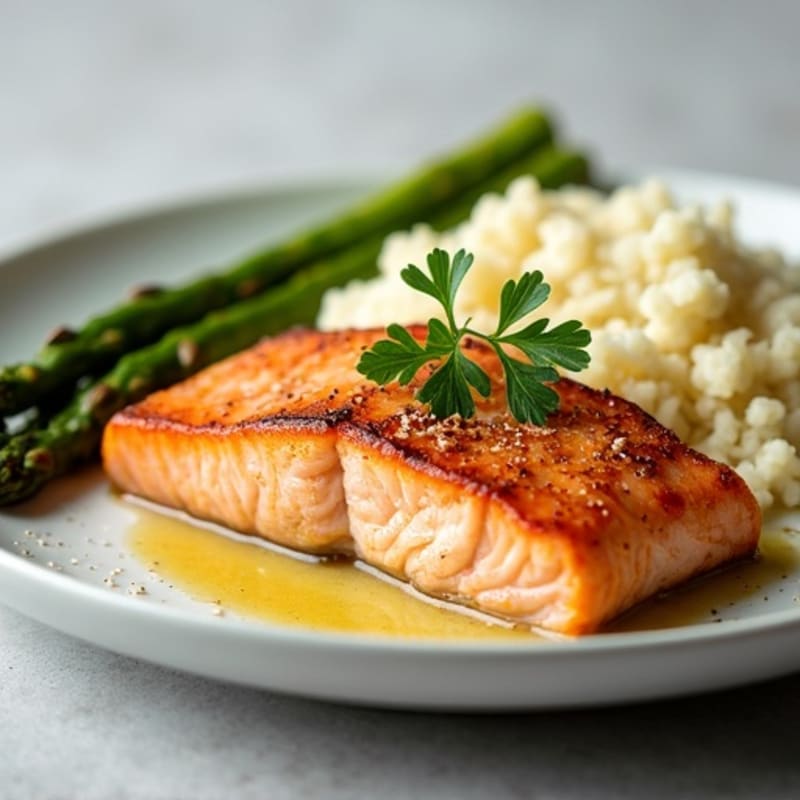 Seared Salmon Fillet with Roasted Asparagus and Cauliflower Rice