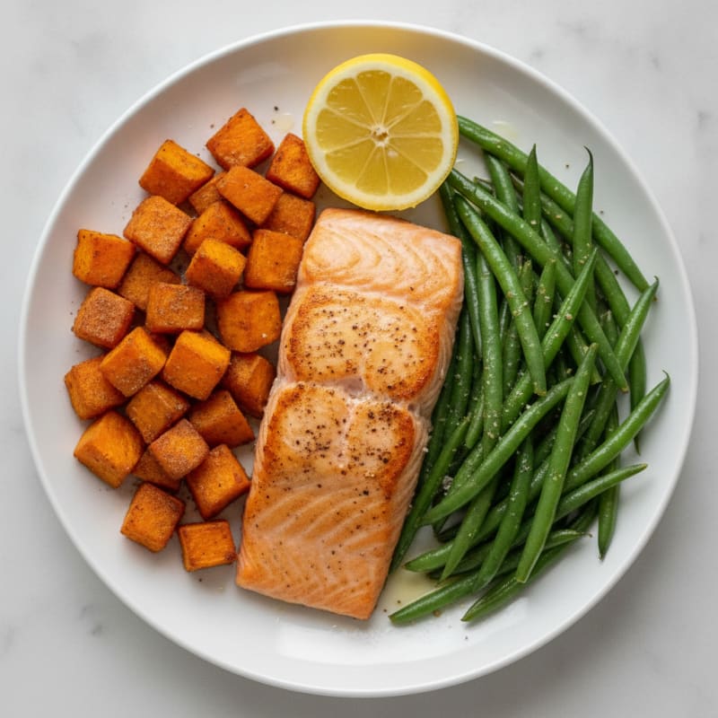 Seared Salmon with Roasted Sweet Potatoes and Green Beans