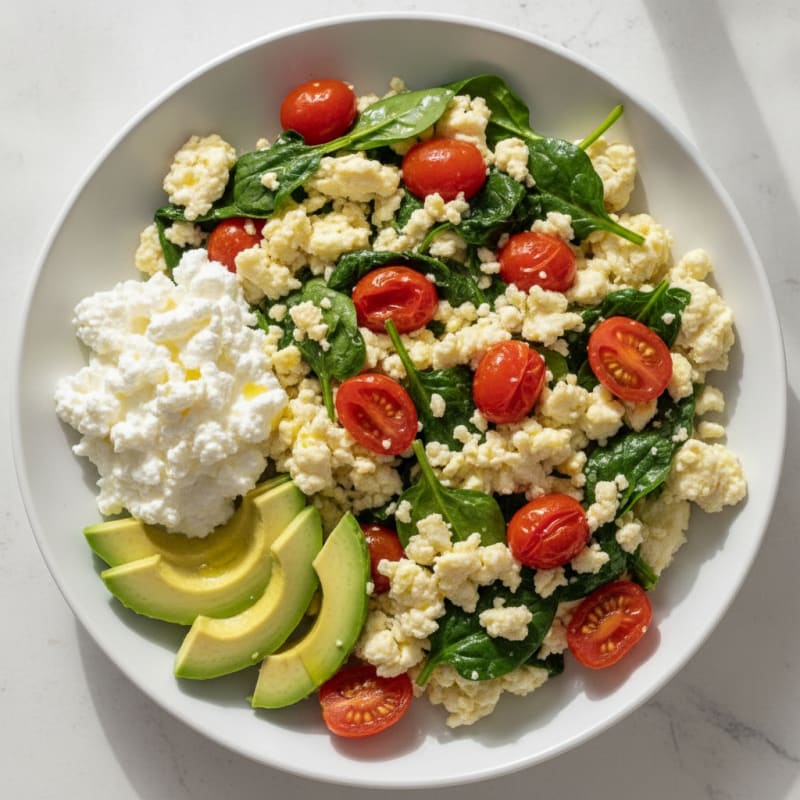 Egg White and Spinach Scramble with Cottage Cheese and Cherry Tomatoes
