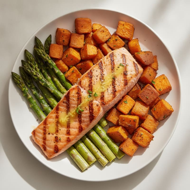 Seared Salmon with Roasted Sweet Potato and Asparagus