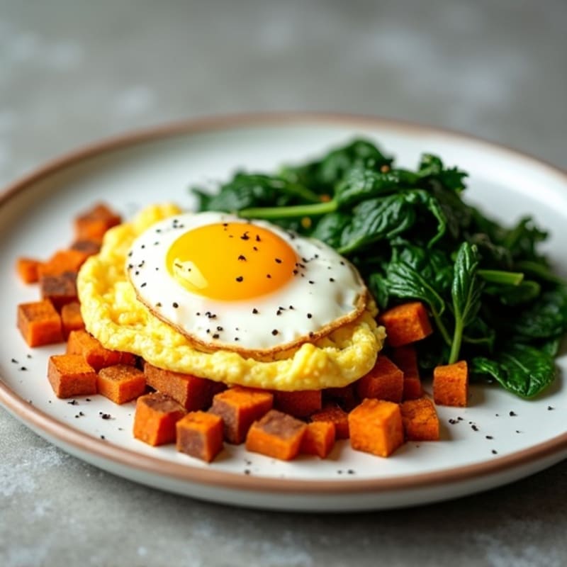 Scrambled Eggs with Sautéed Greens and Sweet Potato Hash