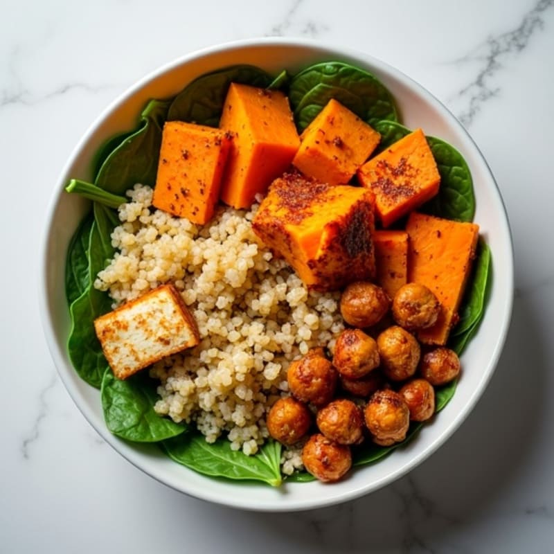 Roasted Sweet Potato Quinoa Bowl with Crispy Chickpeas