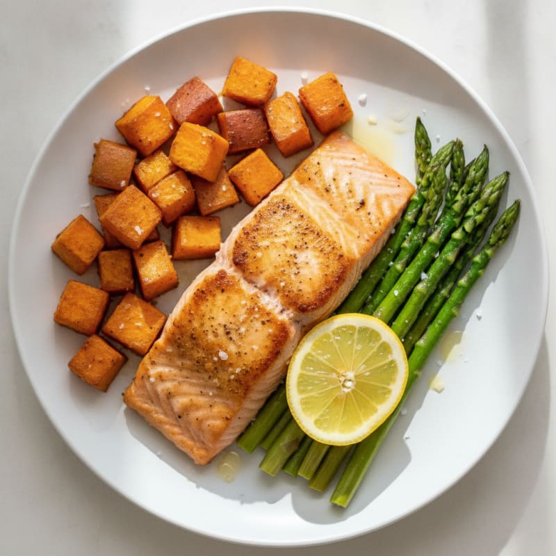 Seared Salmon Fillet with Roasted Sweet Potato and Asparagus