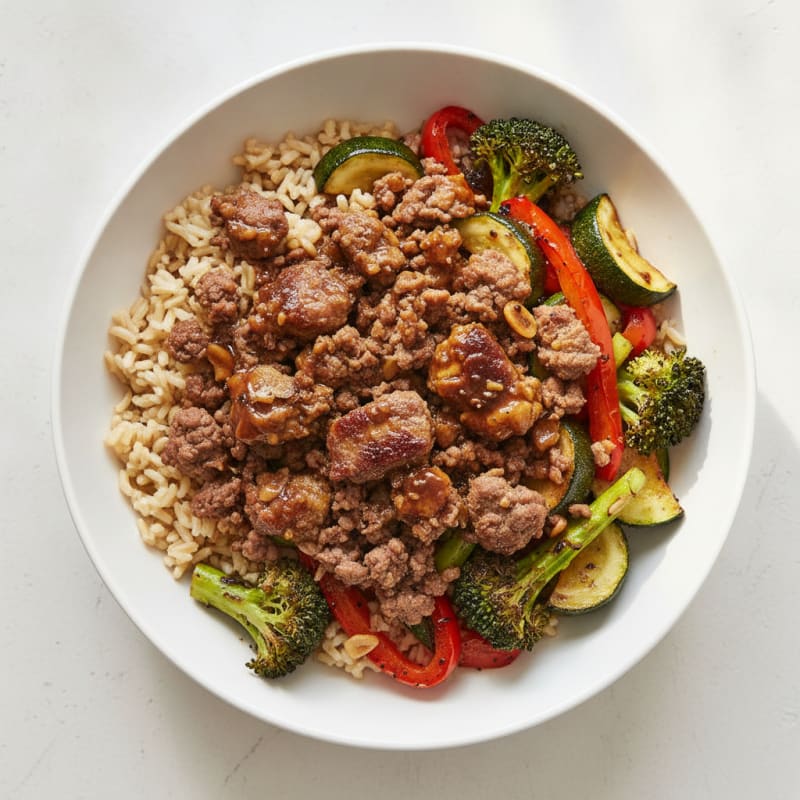 Lean Beef and Roasted Vegetable Bowl with Brown Rice