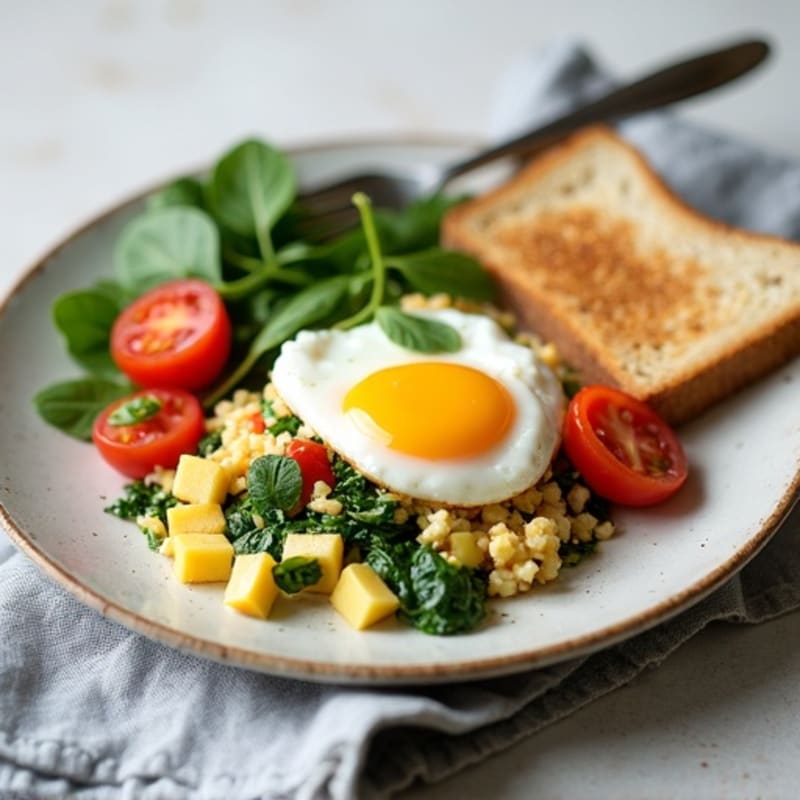 Cottage Cheese Egg White Scramble with Spinach, Cherry Tomatoes, and Whole Grain Toast