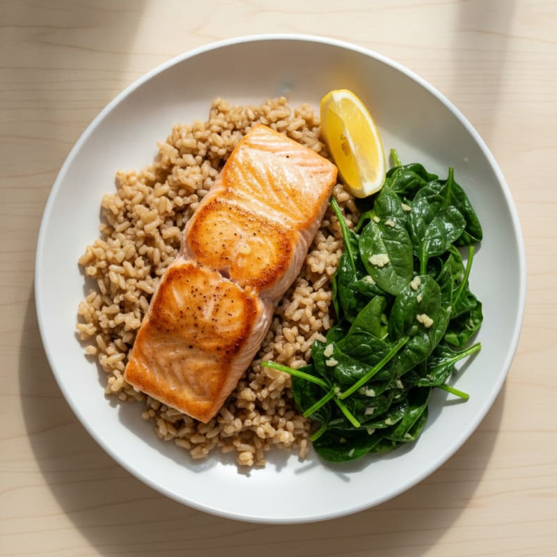 Seared Salmon Fillet with Sautéed Spinach and Brown Rice