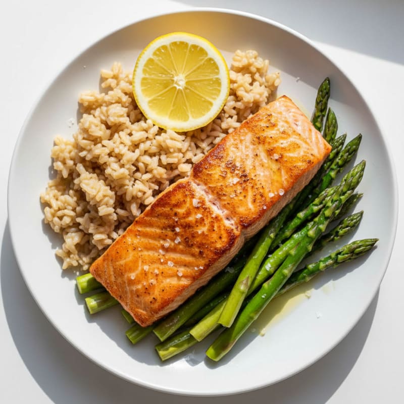 Seared Salmon with Steamed Asparagus and Brown Rice