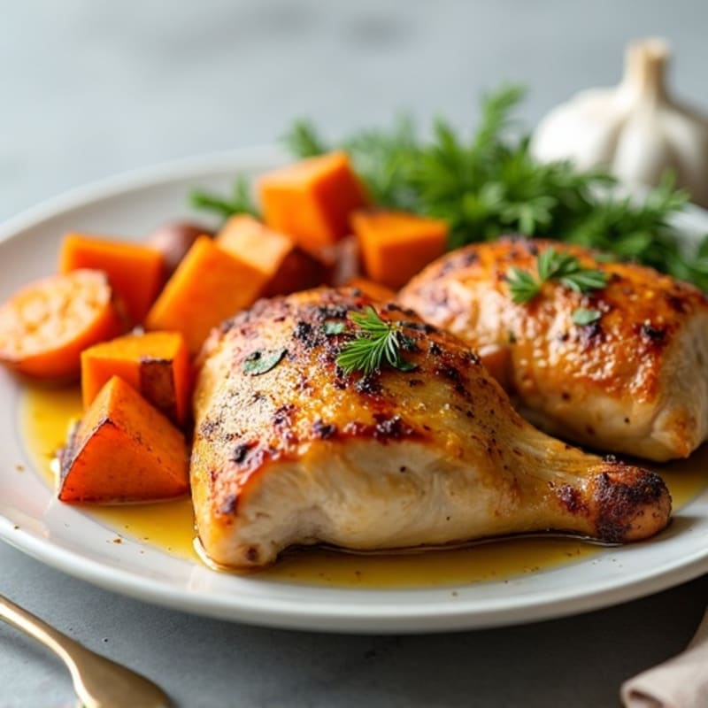 Grilled Lemon Garlic Chicken Thighs with Roasted Sweet Potatoes