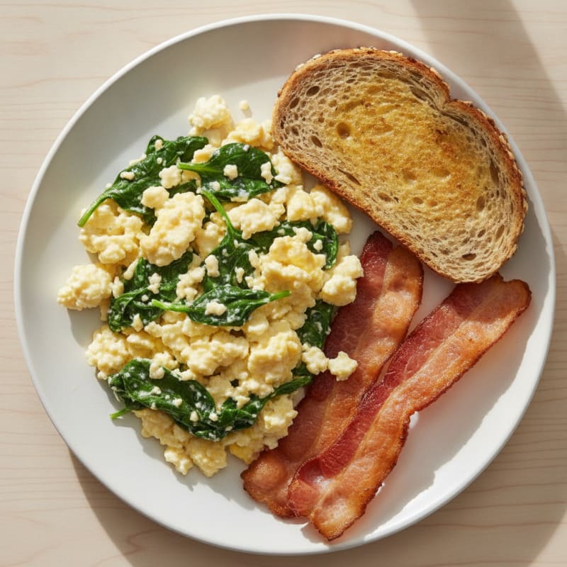 Cottage Cheese Egg Scramble with Spinach and Turkey Bacon