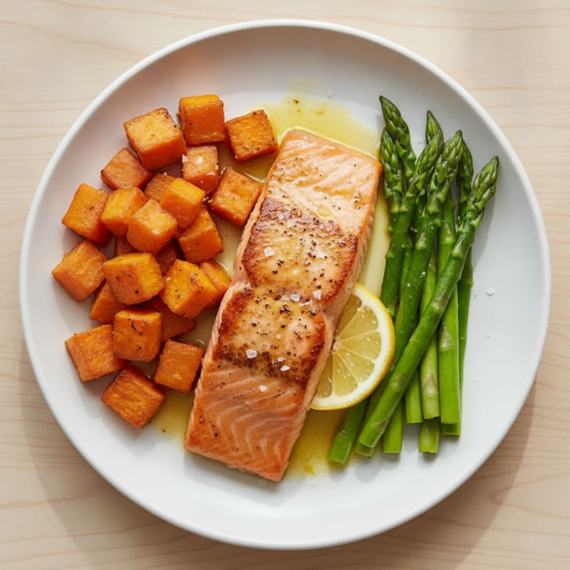 Seared Salmon with Roasted Sweet Potato and Asparagus