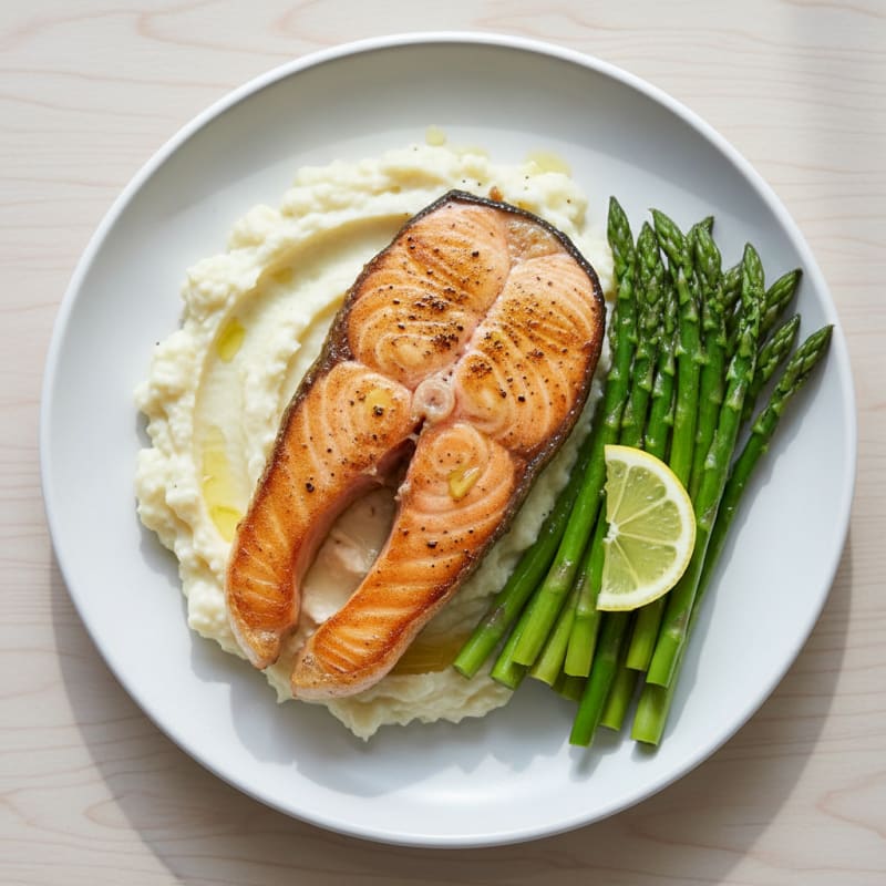 Seared Salmon Fillet with Steamed Asparagus and Garlic Cauliflower Mash