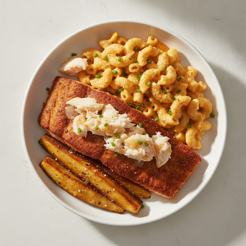 Jerk Salmon with Crab and Mac