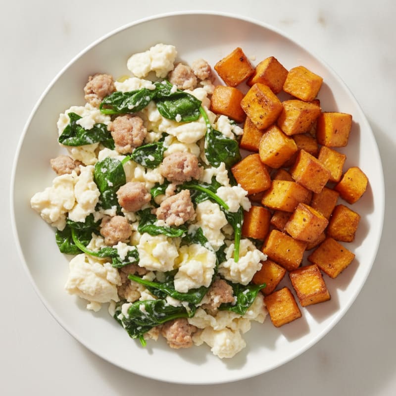 Egg White and Turkey Sausage Scramble with Spinach and Roasted Sweet Potato