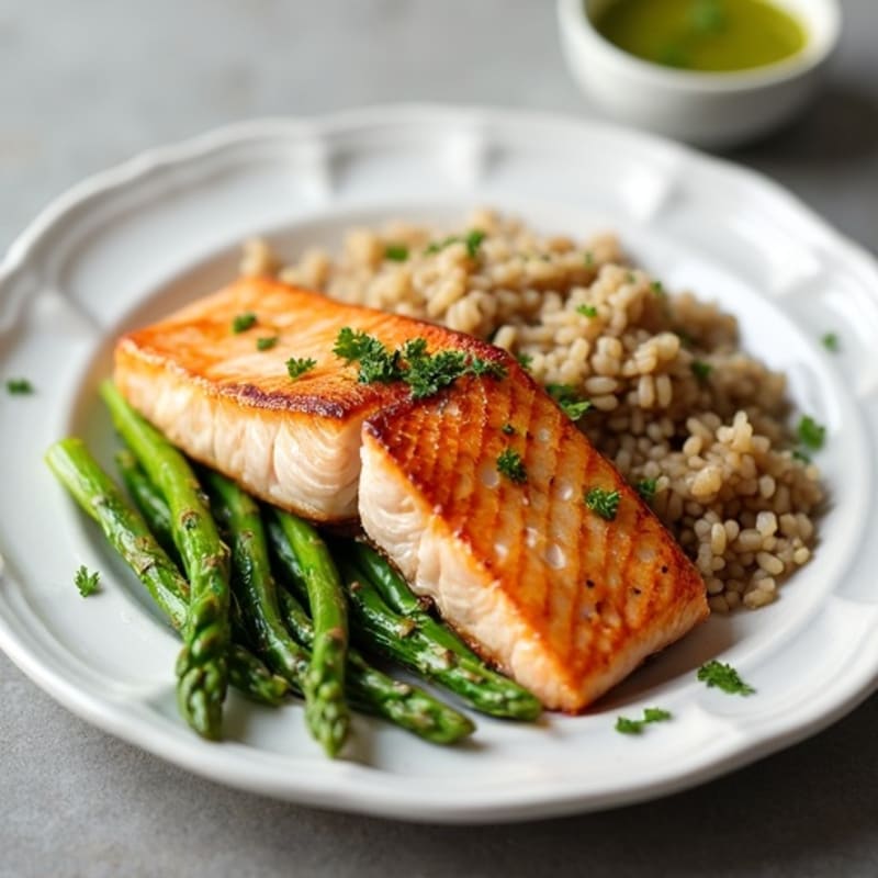 Seared Salmon with Steamed Asparagus and Brown Rice