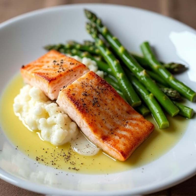 Seared Salmon with Steamed Asparagus and Cauliflower Mash