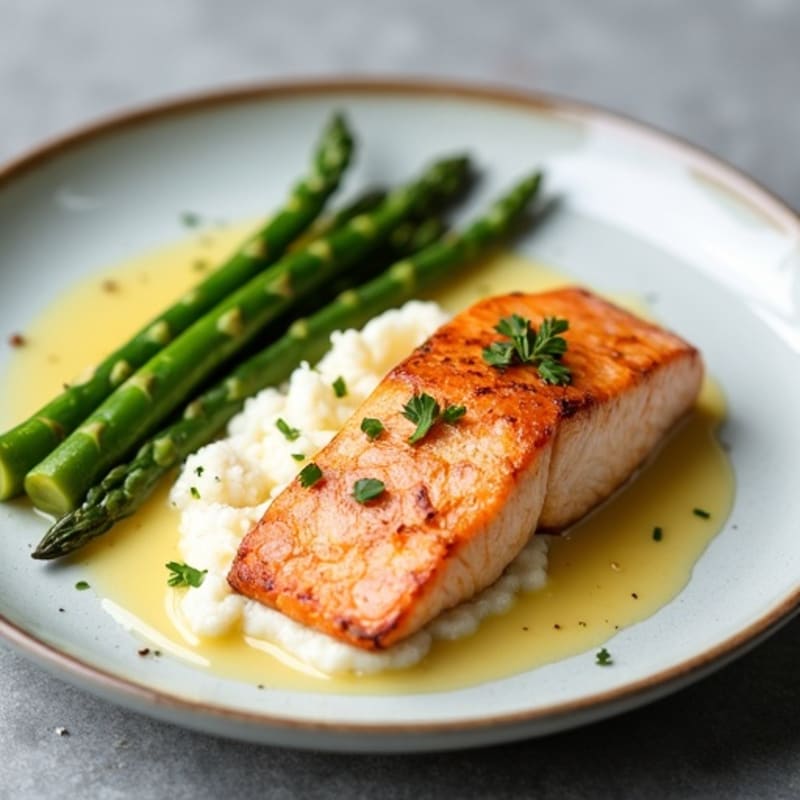 Seared Salmon with Steamed Asparagus and Cauliflower Mash