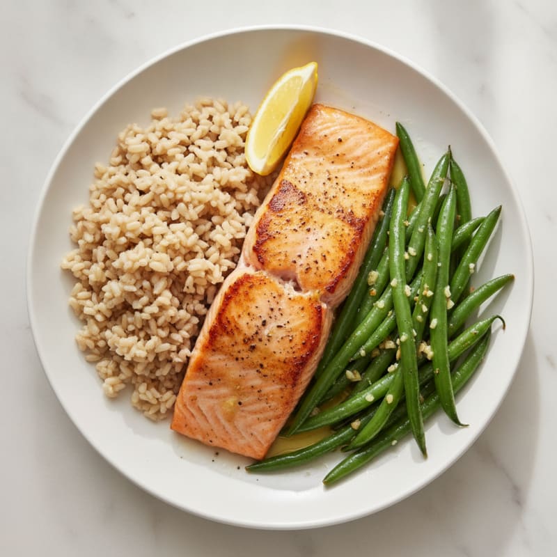 Seared Salmon with Garlic Green Beans and Brown Rice