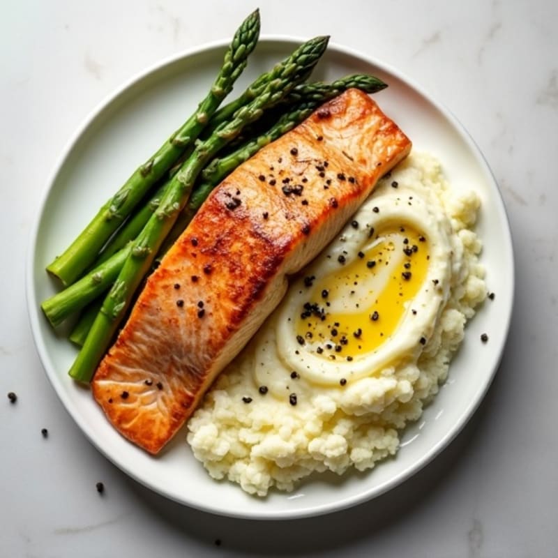Seared Salmon Fillet with Roasted Asparagus and Cauliflower Mash