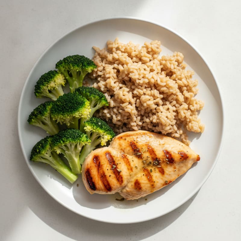 Grilled Chicken Breast with Brown Rice and Steamed Broccoli