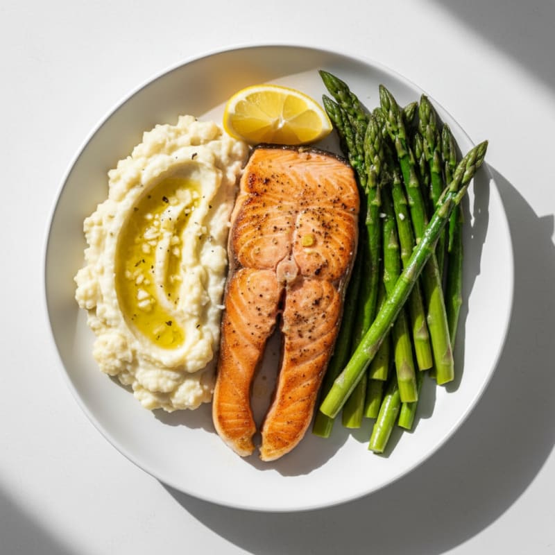 Seared Salmon with Steamed Asparagus and Garlic Mashed Cauliflower