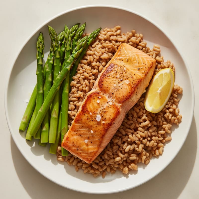 Seared Salmon with Steamed Asparagus and Brown Rice