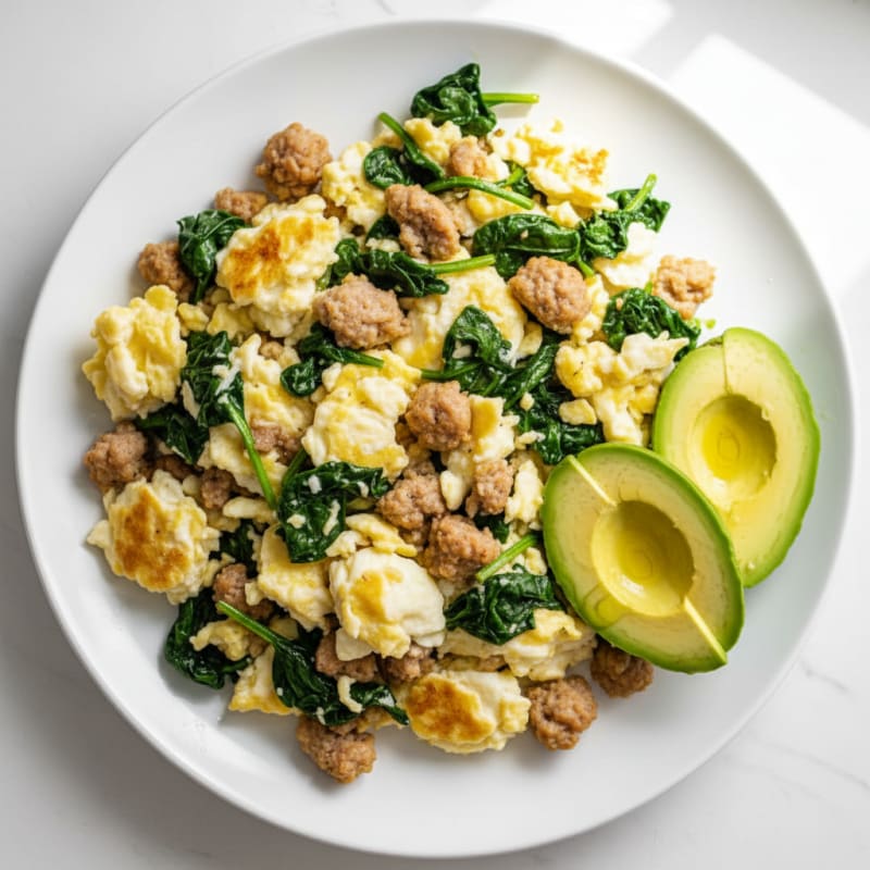Egg White and Turkey Sausage Scramble with Sautéed Spinach