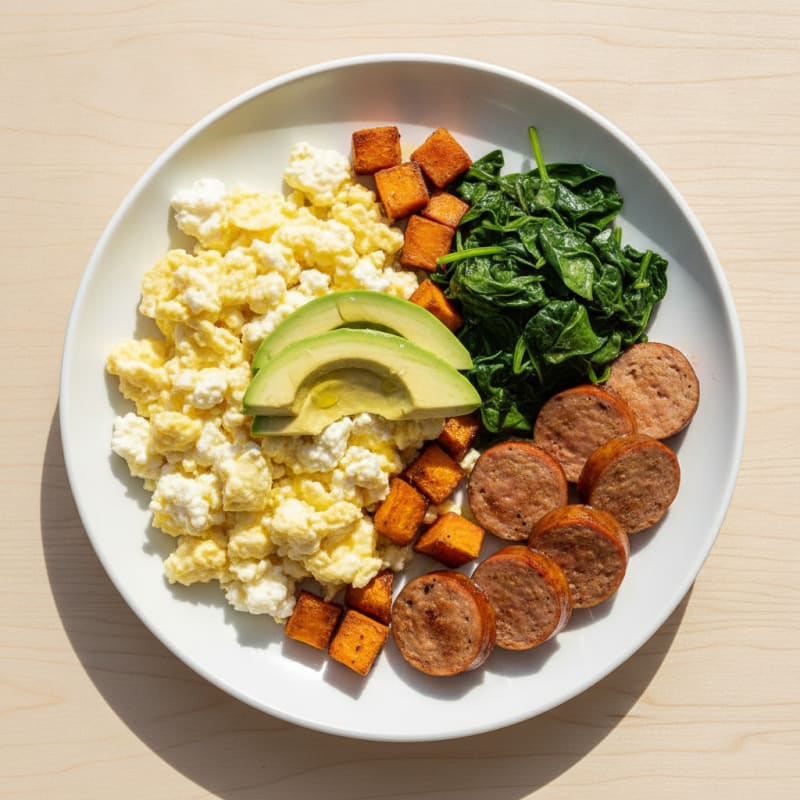 Cottage Cheese Scramble with Chicken Sausage and Sautéed Spinach