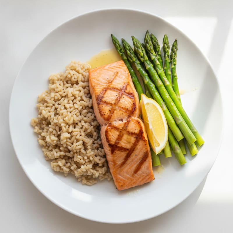 Seared Salmon Fillet with Steamed Asparagus and Brown Rice