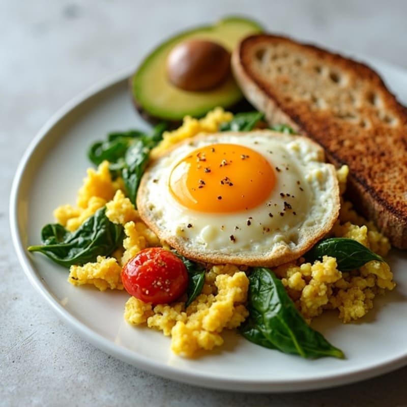 Cottage Cheese Egg White Scramble with Spinach and Roasted Cherry Tomatoes