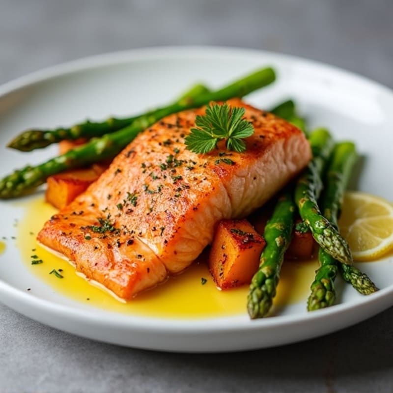 Seared Salmon with Roasted Sweet Potato and Asparagus