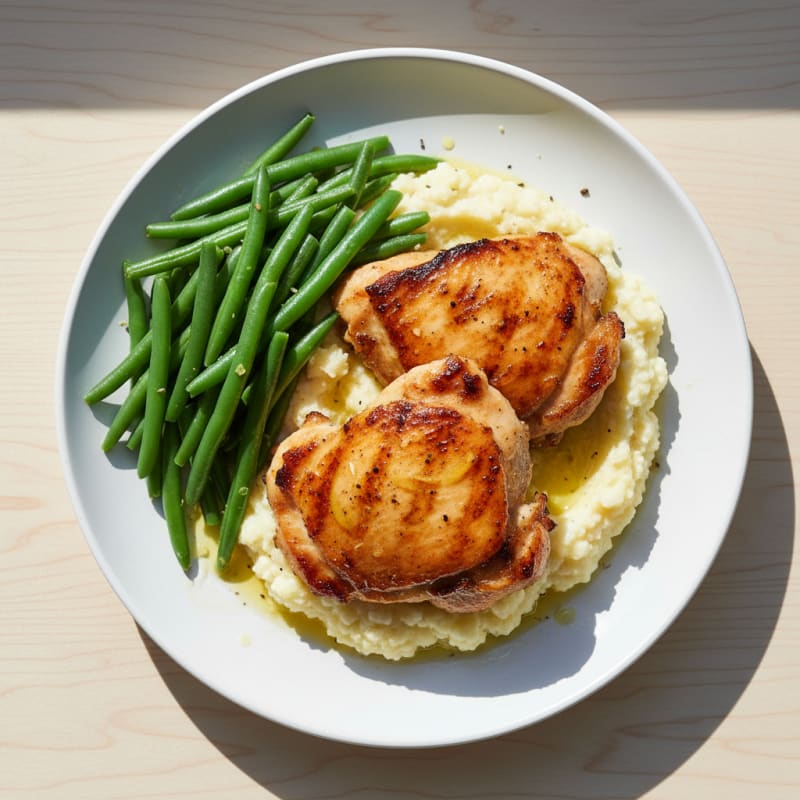 Seared Chicken Thighs with Steamed Green Beans and Cauliflower Mash