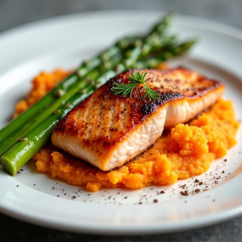 Seared Salmon with Steamed Asparagus and Sweet Potato Mash
