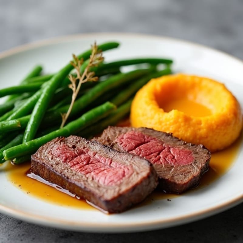 Seared Lean Beef with Garlic Green Beans and Sweet Potato Mash