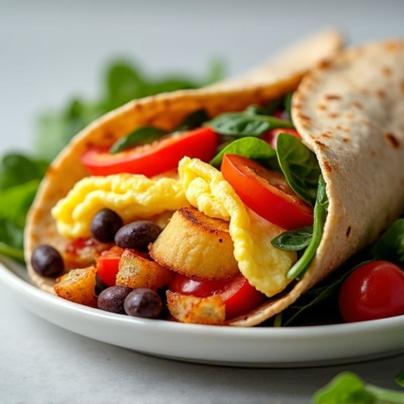 Scrambled Egg and Crispy Potato Breakfast Burrito with Fresh Vegetables