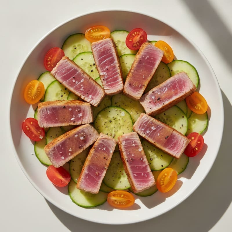 Seared Tuna Salad with Crisp Cucumber and Cherry Tomatoes