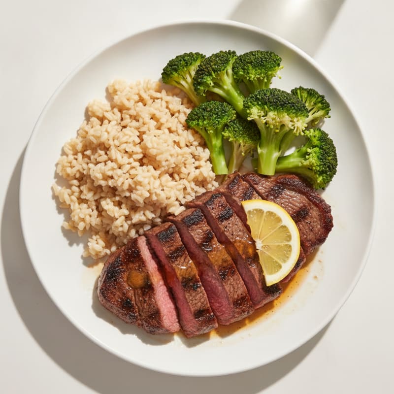 Grilled Steak with Steamed Broccoli and Brown Rice